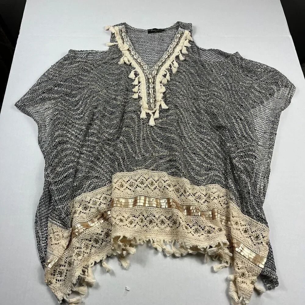 Laura Jane Poncho Sweater Black Ivory Fringe Crochet Boho Open Knit Oversized OS